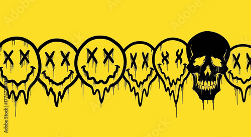 Disturbing melting smiley faces with a bold black skull on vibrant yellow background, conveying dark humor and modern edgy art