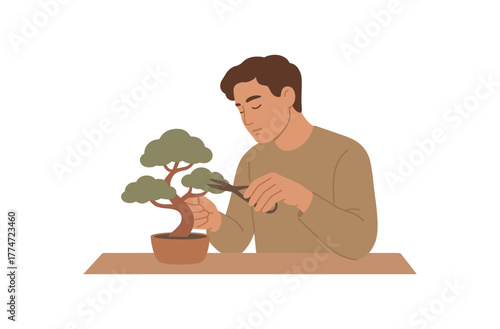 person trimming small bonsai mindful focus and patience no outline flat vector illustration style isolated on white background soft muted tones