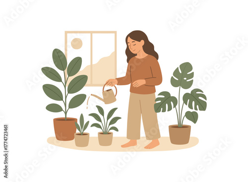 woman watering houseplants morning calm gardening ritual no outline flat vector illustration style isolated on white background soft muted tones