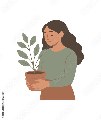 woman holding potted plant soft light calm nurturing energy no outline flat vector illustration style isolated on white background muted tones