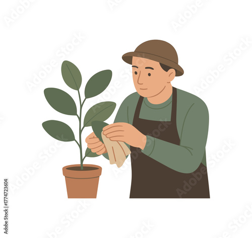 gardener wiping leaves with cloth calm focus attention to detail no outline flat vector illustration style isolated on white background muted colors