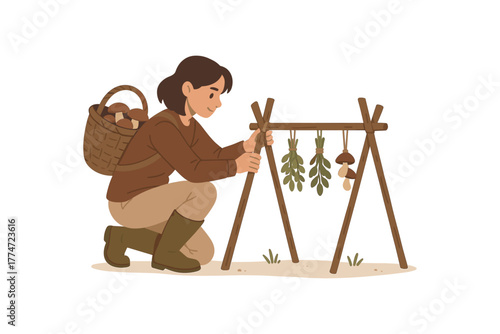 forager building small outdoor drying rack for herbs and mushrooms preservation flat vector illustration style isolated on white background