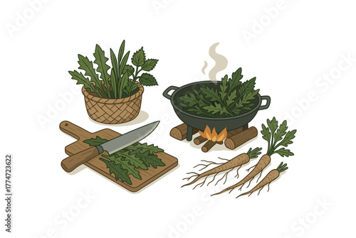 wild greens and roots preparation rustic outdoor cooking of foraged food flat vector illustration style isolated on white background