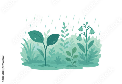 soft rain on garden plants freshness and growth quiet joy no outline flat vector illustration style isolated on white background natural cool tones
