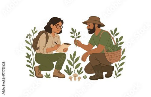 botanist and forager collaborating on field study sustainable wild food research flat vector illustration style isolated on white background