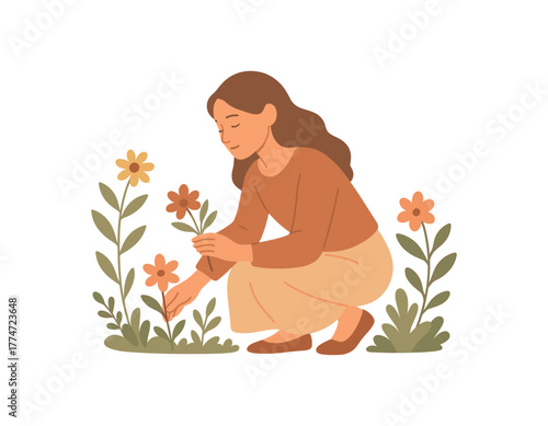 woman collecting flowers from garden gentle mindfulness ritual no outline flat vector illustration style isolated on white background warm muted palette