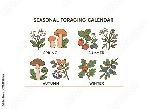 seasonal foraging calendar illustrated guide to harvest times and species flat vector illustration style isolated on white background