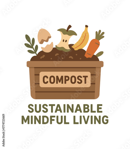 compost bin with organic waste sustainable mindful living no outline flat vector illustration style isolated on white background muted earthy palette