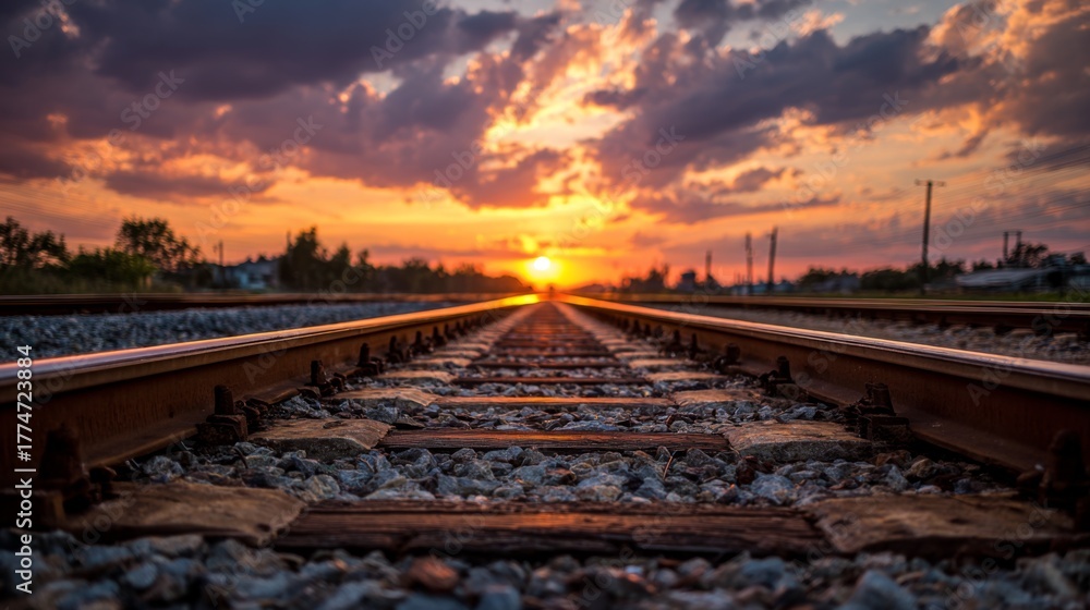 Fototapeta premium Serene Sunset Over Railroad Tracks with Vibrant Colors Reflecting on the Horizon and a Calm, Peaceful Atmosphere in Rural Landscape
