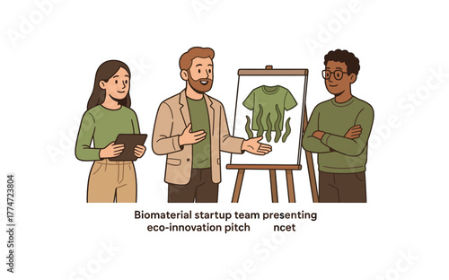 biomaterial startup team presenting algae textile concept eco innovation pitch flat vector illustration style isolated on white background