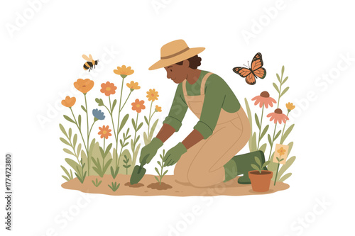 gardener planting wildflowers pollinator friendly garden no outline flat vector illustration style isolated on white background soft natural hues