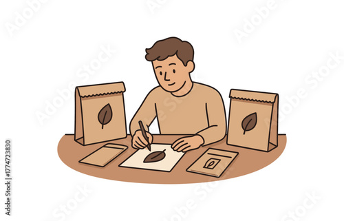 packaging designer creating compostable mailer prototypes zero waste solution flat vector illustration style isolated on white background