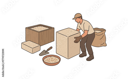 mycelium brick production for sustainable architecture biomaterial construction flat vector illustration style isolated on white background