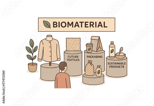 biomaterial exhibition showcasing future textiles packaging and sustainable products flat vector illustration style isolated on white background