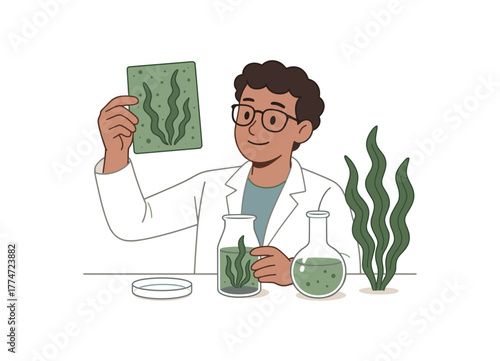 researcher experimenting with seaweed based bioplastic sample material innovation flat vector illustration style isolated on white background