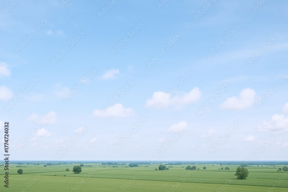 Obraz premium Vast Green Field Under a Blue Sky with Scattered Clouds, Serene Rural Landscape