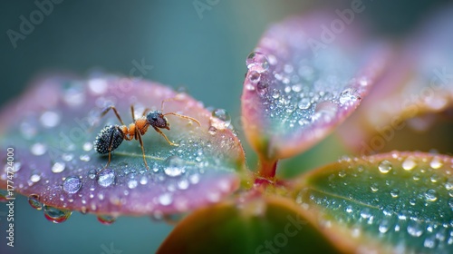 Wallpaper Mural Close-Up View of Ant on Fresh Green Leaf with Water Drops, Showcasing Nature's Beauty and Intricate Details in Macro Photography Torontodigital.ca