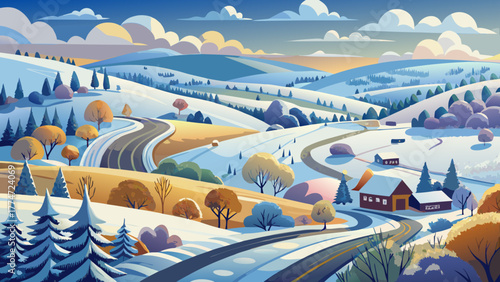 Very beautiful snowy American countryside in winter, captured from above showing a winding rural road, frosted trees, and farmland blanketed in white snow under a soft cloudy sky.