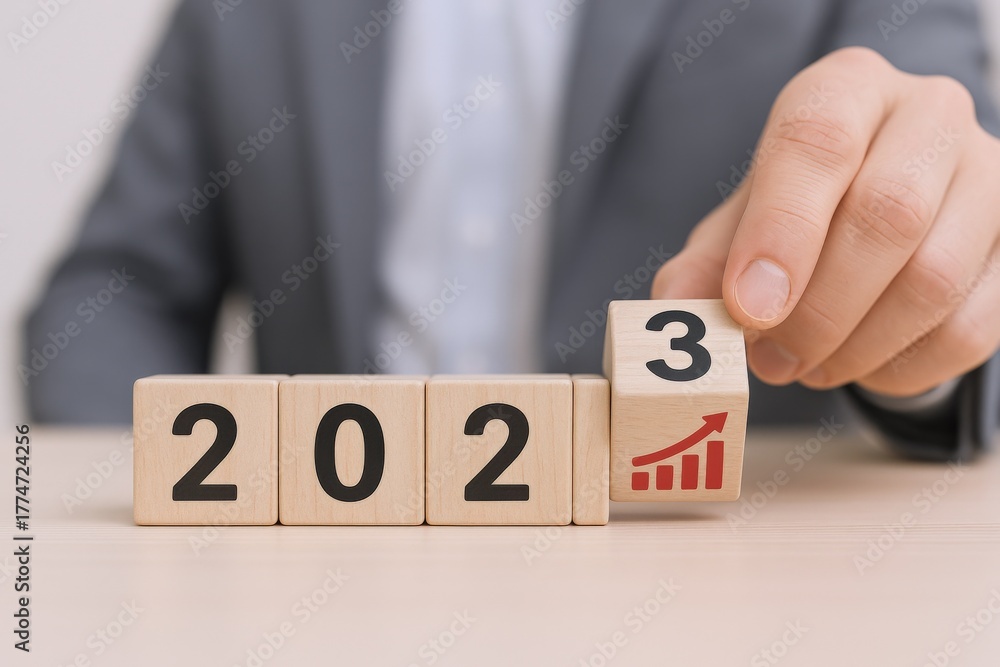 Naklejka premium Transition to 2023: Businessman Adding Last Block, Symbolizing Growth and Positive Business Outlook