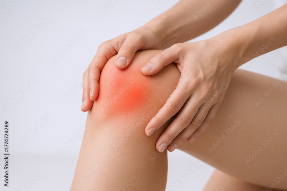 Fototapeta premium Knee Pain Close-up: Woman Holding Aching Joint, Indicating Injury, Arthritis, or Post-operative Discomfort