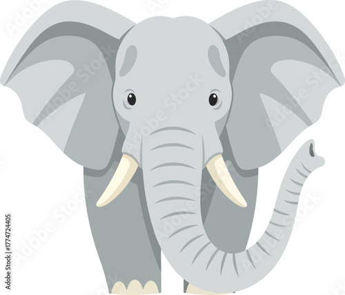 Friendly cartoon elephant waving with trunk on white background
