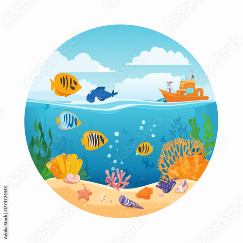 Underwater scene with fish and boat within a circular illustration