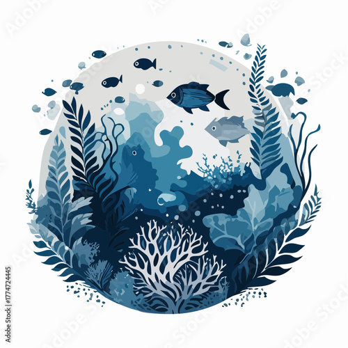 Underwater scene illustration of fish and coral in a circular composition