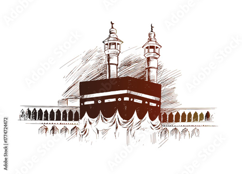 Holy Kaaba in Mecca Saudi Arabia, Hand Drawn Sketch Vector illustration.