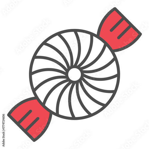 A piece of candy with a wrapped circular center and red wrapper tips