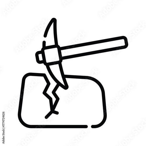 A pickaxe splits a rock depicted in a clean bold line art style