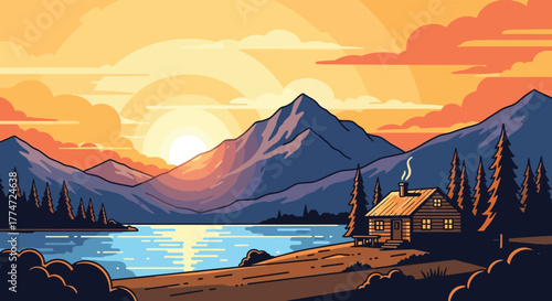 Cozy cabin by a serene lake nestled in majestic mountains at a vibrant sunset