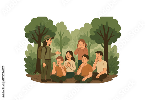forest therapy guide leading group through sensory awareness exercises woodland flat vector illustration style isolated on white background