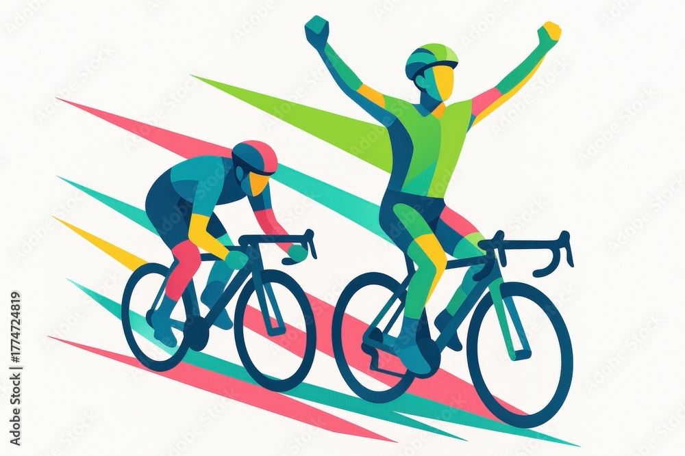 Fototapeta premium Cycling race victory celebration vector illustration, showing winning cyclist raising arms in victory.