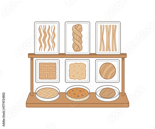 biomaterial library display collection of natural fibers and bioengineered samples flat vector illustration style isolated on white background