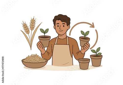 startup producing biodegradable plant pots from agricultural waste circular economy model flat vector illustration style isolated on white background