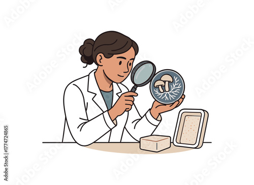 researcher examining mushroom mycelium growth for biofoam packaging development flat vector illustration style isolated on white background