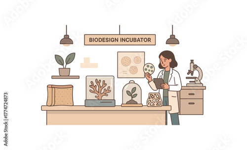 biodesign incubator lab future materials innovation hub with prototypes on display flat vector illustration style isolated on white background