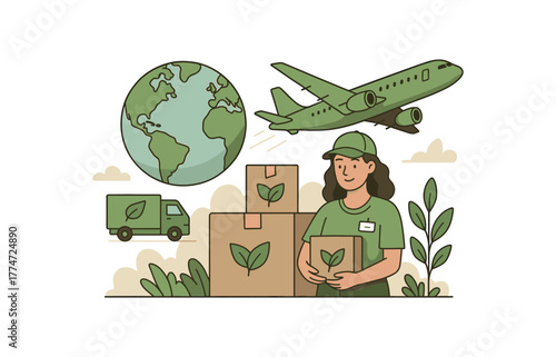 eco startup shipping compostable packaging to global clients sustainable logistics flat vector illustration style isolated on white background