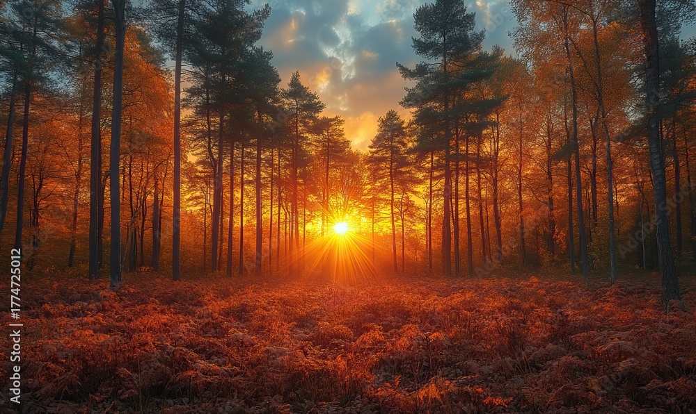 Obraz premium A breathtaking forest sunset with warm colors and a radiant sunlight beam