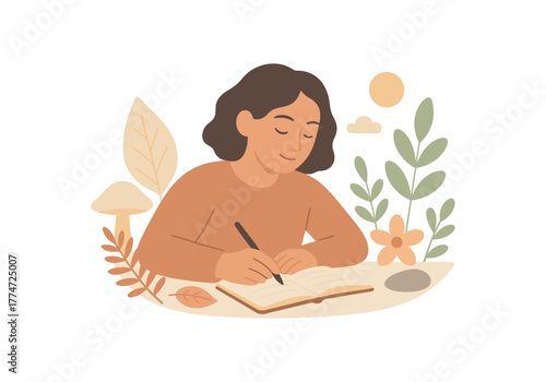 person journaling beside nature finds mindful creativity no outline flat vector illustration style isolated on white background soft light hues