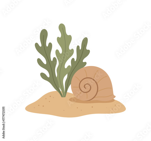 seaweed and sand still life coastal mindfulness concept no outline flat vector illustration style isolated on white background muted warm palette
