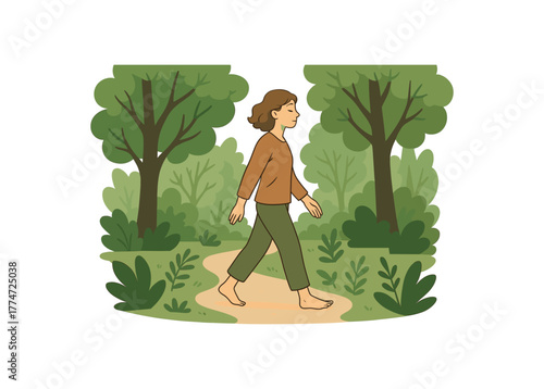 forest bathing walk slow mindful immersion nature for stress reduction flat vector illustration style isolated on white background
