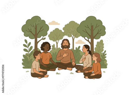 guided forest meditation group connecting with nature through breath and presence flat vector illustration style isolated on white background