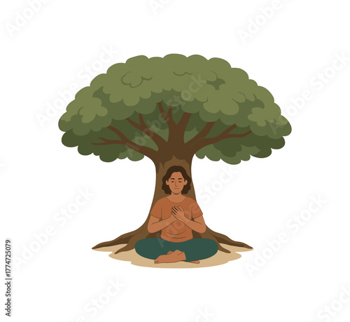 individual sitting under old tree grounding and emotional healing through nature flat vector illustration style isolated on white background