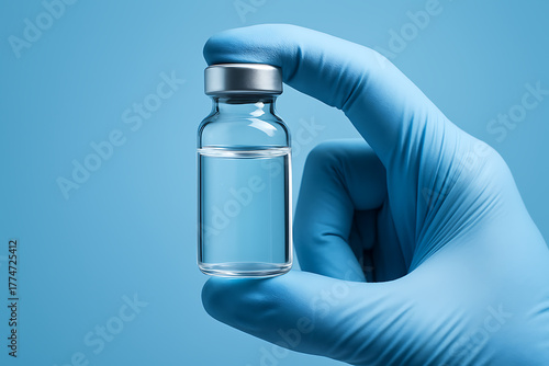 A gloved hand carefully holding a transparent glass vial filled with clear liquid against a blue background, representing medical research, vaccination, or laboratory work.