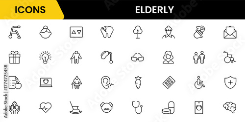 Elderly icon set. elderly care, pension, vision loss, and more. line icon style. old age element vector illustration