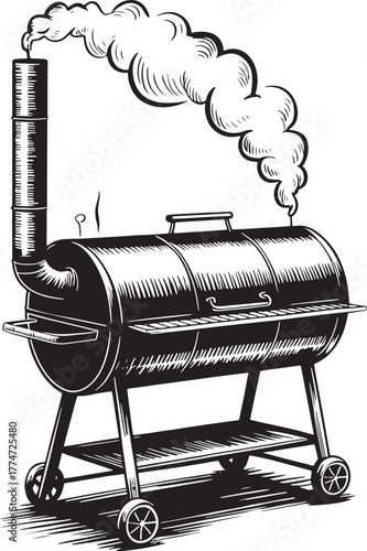 Isolated vector illustration of an old red steam locomotive and a mailbox near a cash register