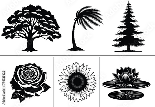 Tree and flower silhouette set, black vector icons of oak, palm, pine, rose, sunflower, and water lily