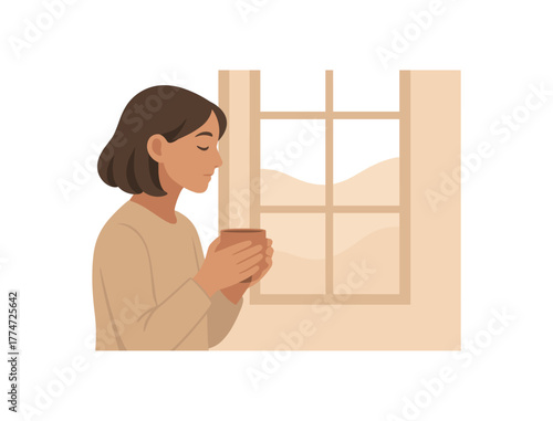 person holding cup near window mindfulness morning silence no outline flat vector illustration style isolated on white background soft neutral tones