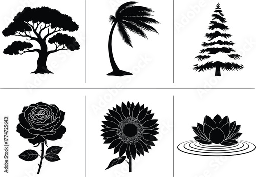 Tree and flower silhouette set, black vector icons of oak, palm, pine, rose, sunflower, and lotus